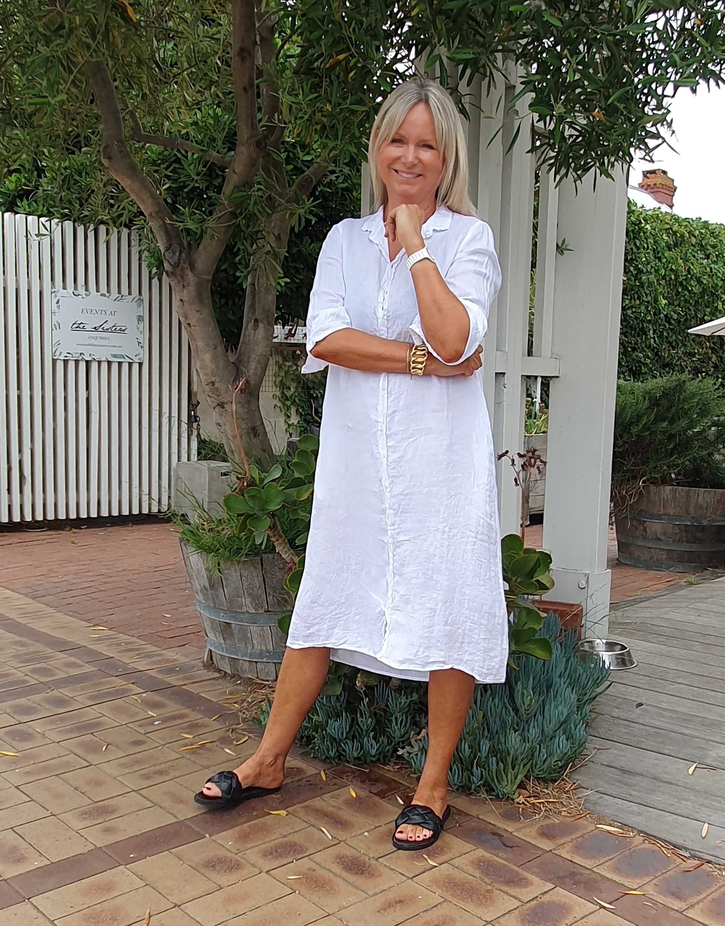 knee length dresses for ladies CP SHADES MAXI LINEN DRESS WHITE