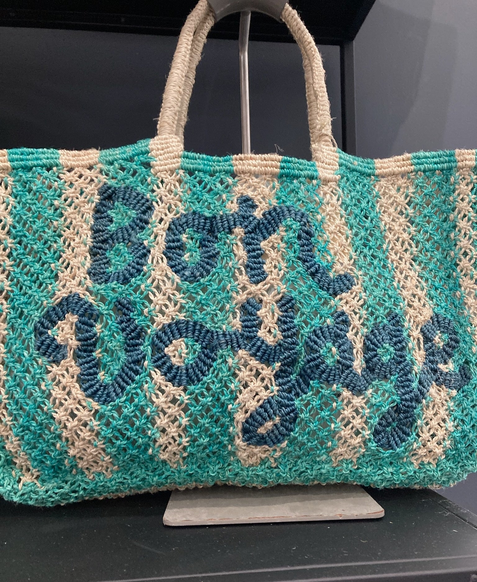 THE JACKSONS BON VOYAGE JUTE BAG OCEAN STRIPE INDIGO