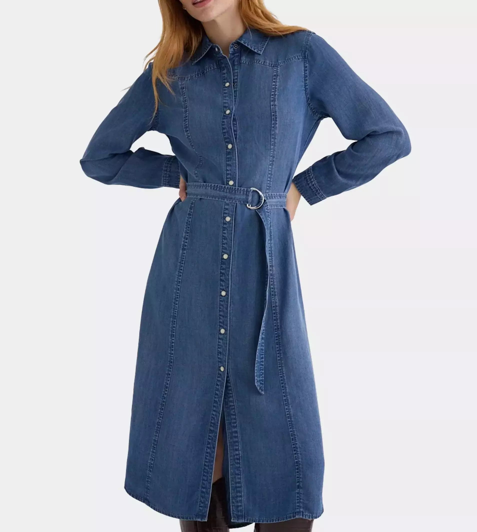 BELLA DAHL WESTERN YOKE MIDI DRESS SKYLINE SPRAY WASH