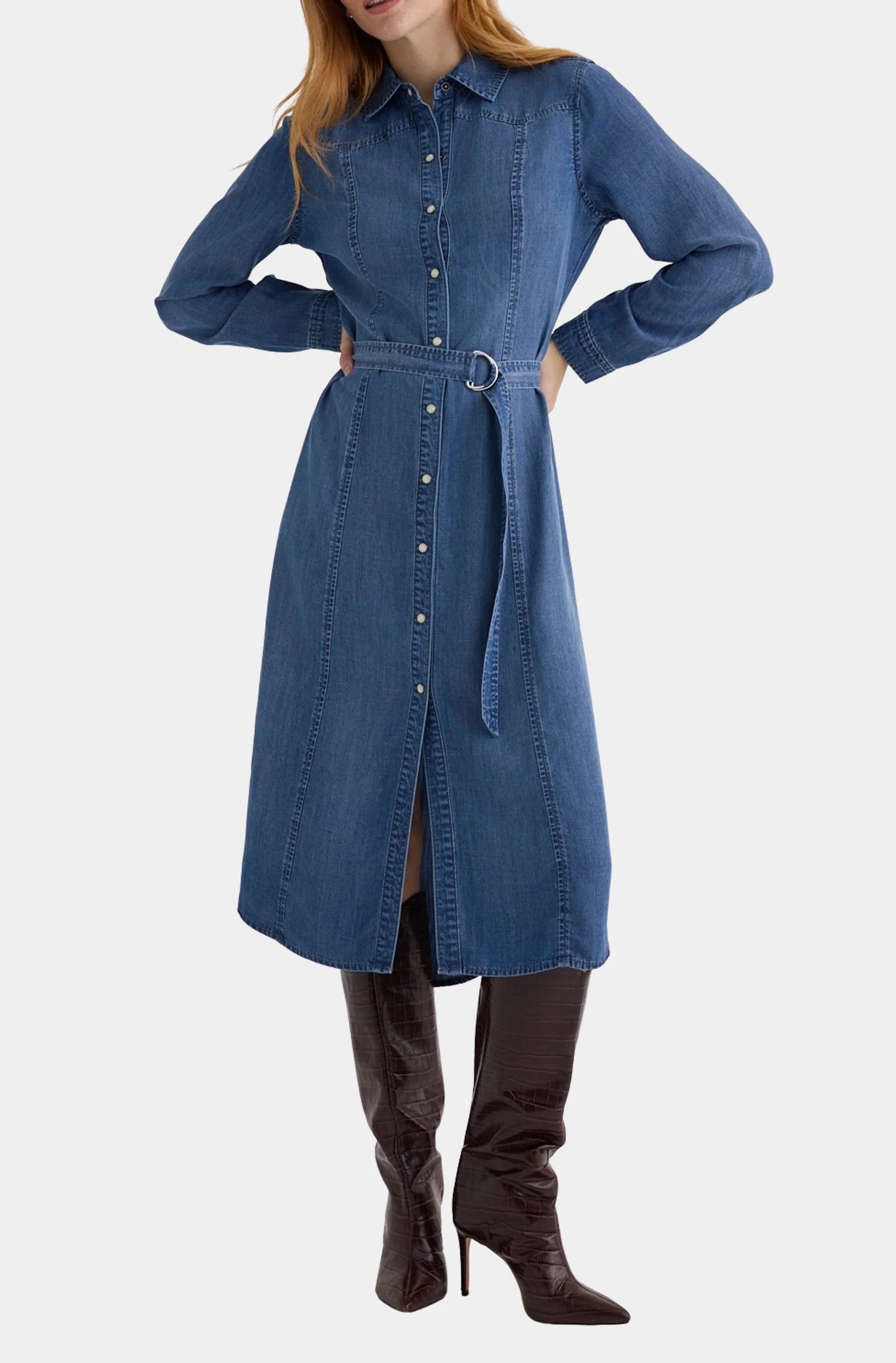 BELLA DAHL WESTERN YOKE MIDI DRESS SKYLINE SPRAY WASH