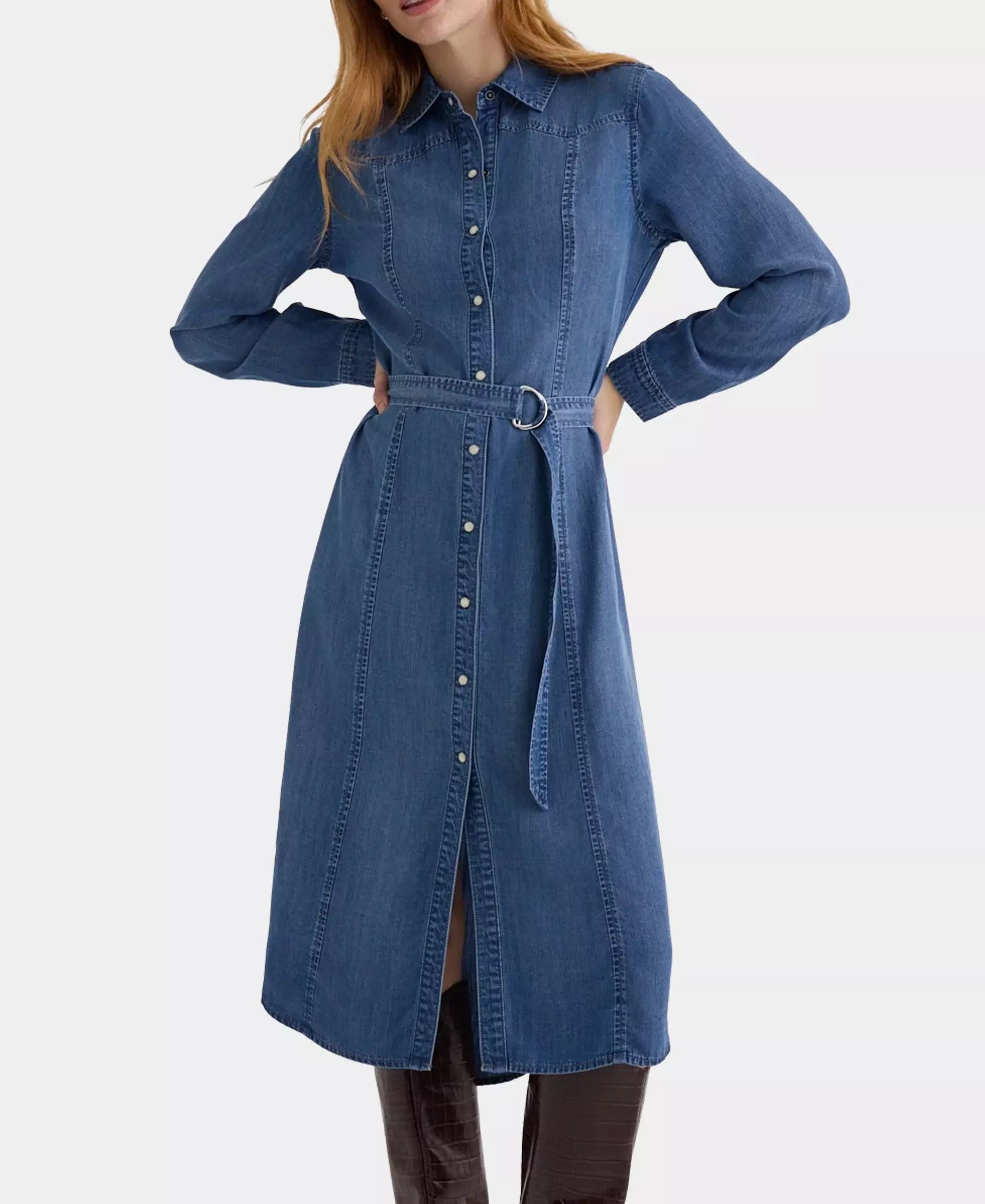 BELLA DAHL WESTERN YOKE MIDI DRESS SKYLINE SPRAY WASH