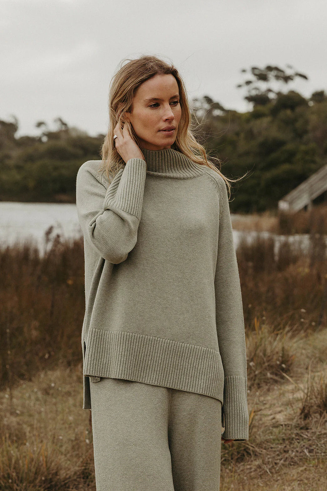TALAMAYA HARMONY MERINO COTTON MOCK NECK PULLOVER - ACACIA