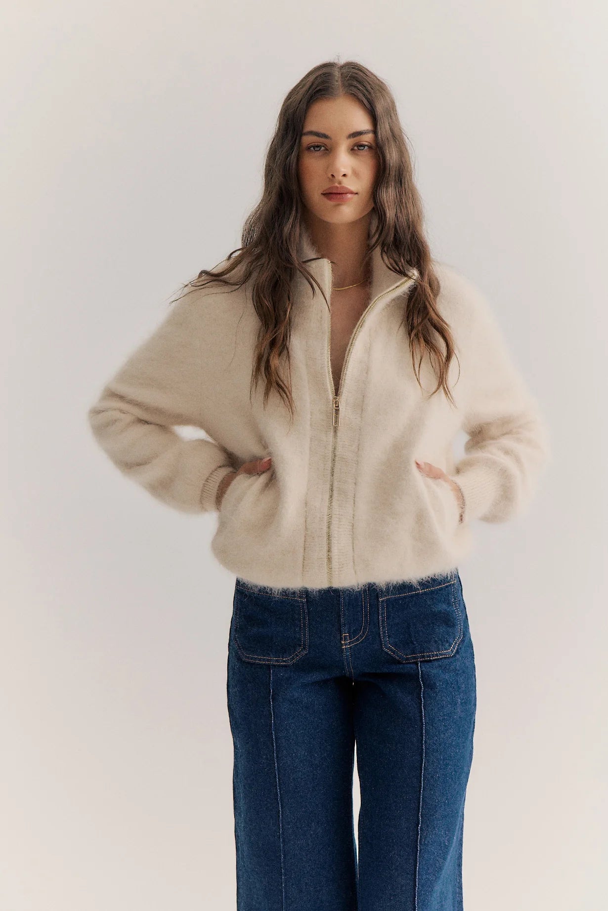 WORLD OF NOMADS FELIX ZIP UP CASHMERE BOMBER OATMEAL