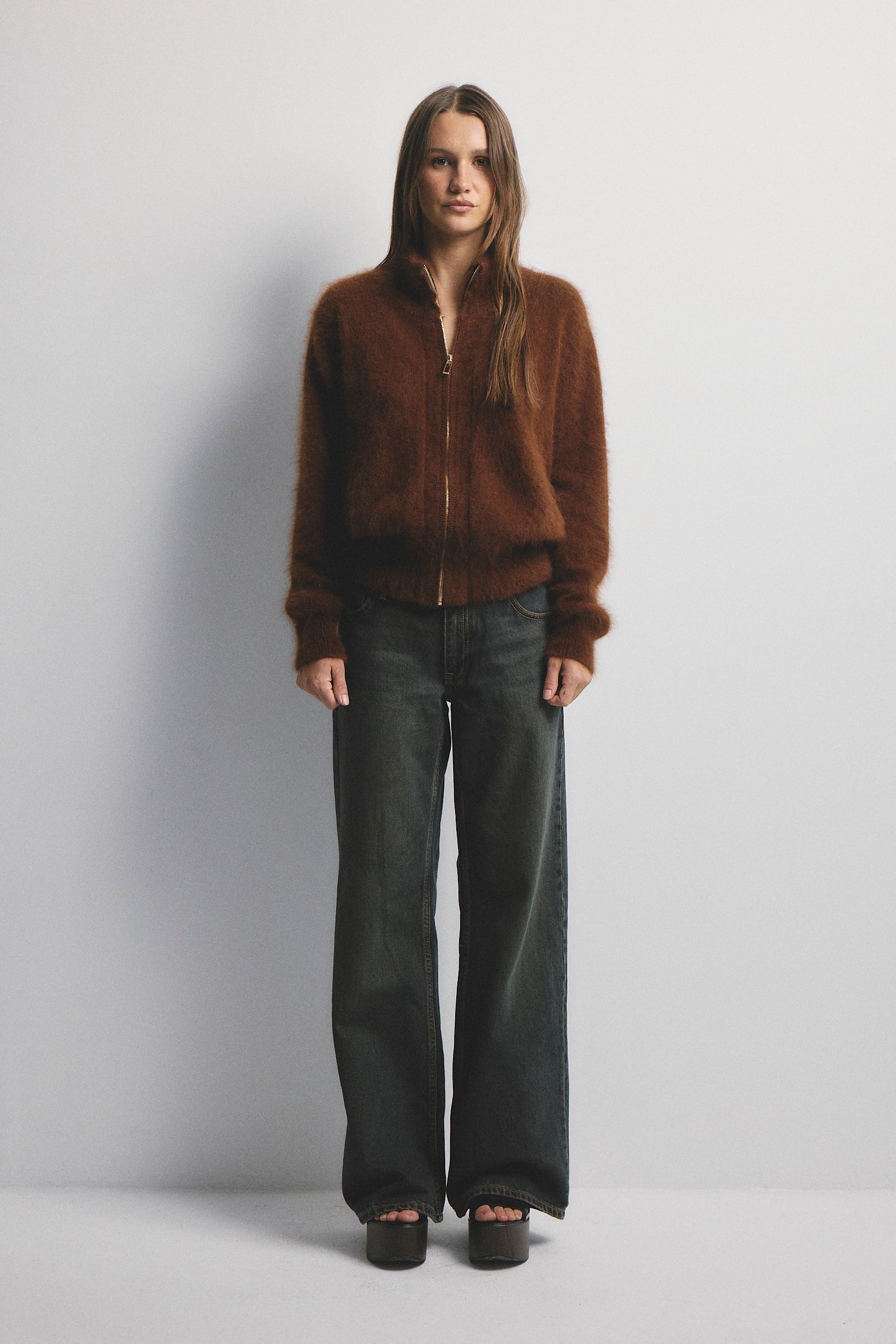 WORLD OF NOMADS FELIX ZIP UP CASHMERE BOMBER CHOCOLATE