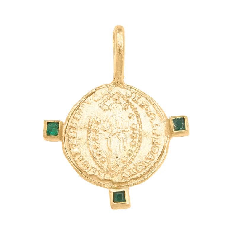CLEOPATRAS BLING BYZANTINE MANDORLE WITH EMERALDS AND CHAIN