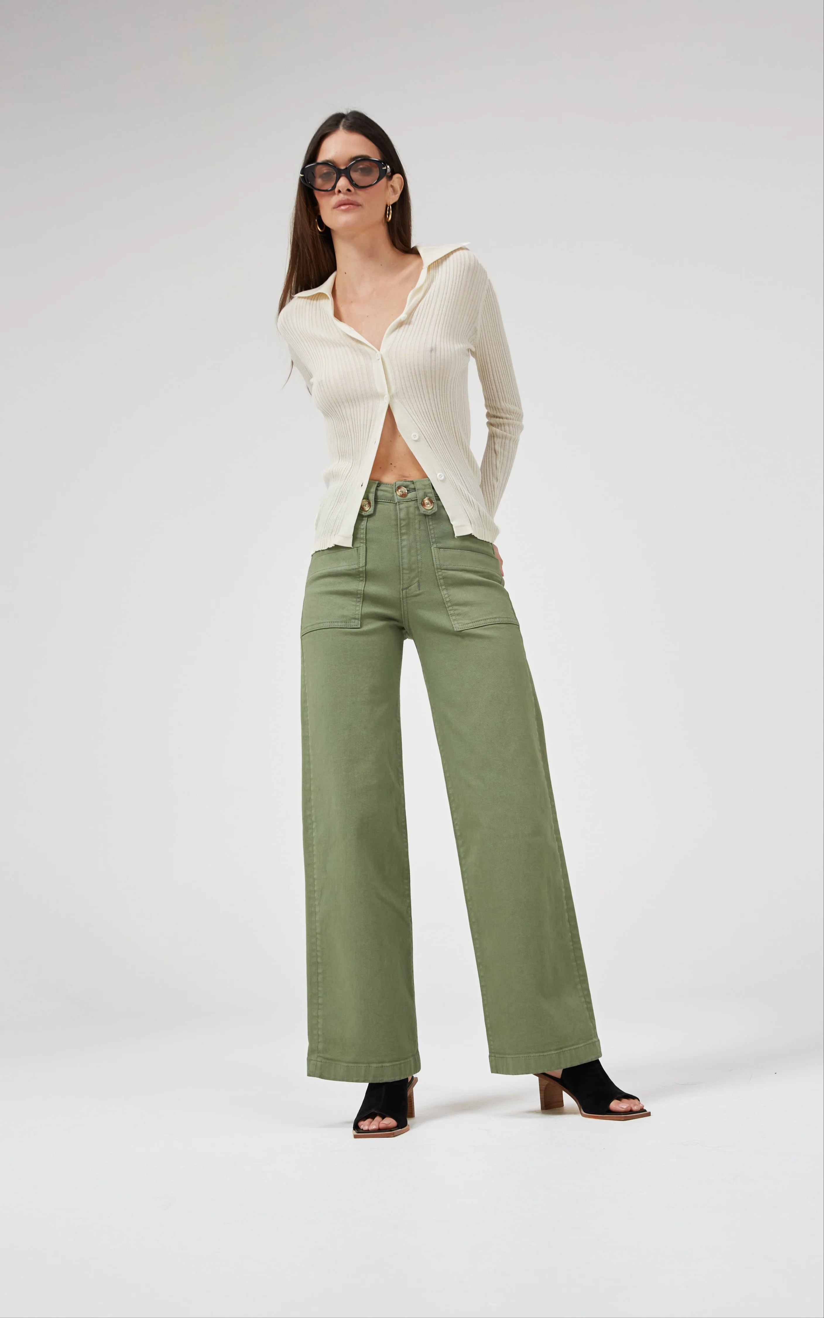 DRICOPER CARRIE OIL GREEN WIDE STRAIGHT LEG JEANS