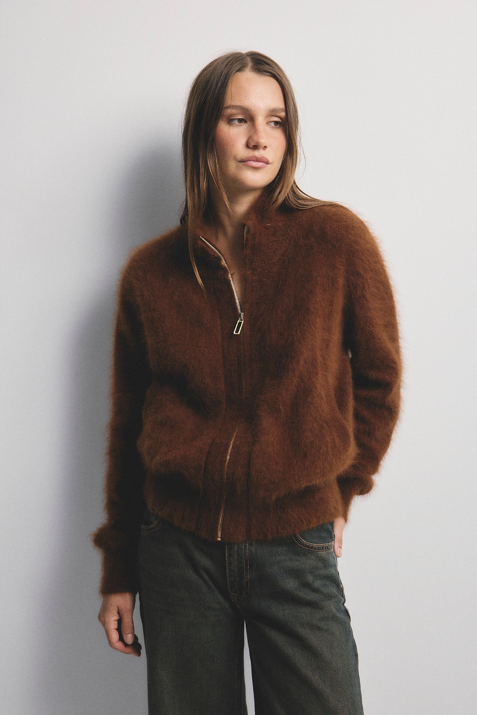 WORLD OF NOMADS FELIX ZIP UP CASHMERE BOMBER CHOCOLATE