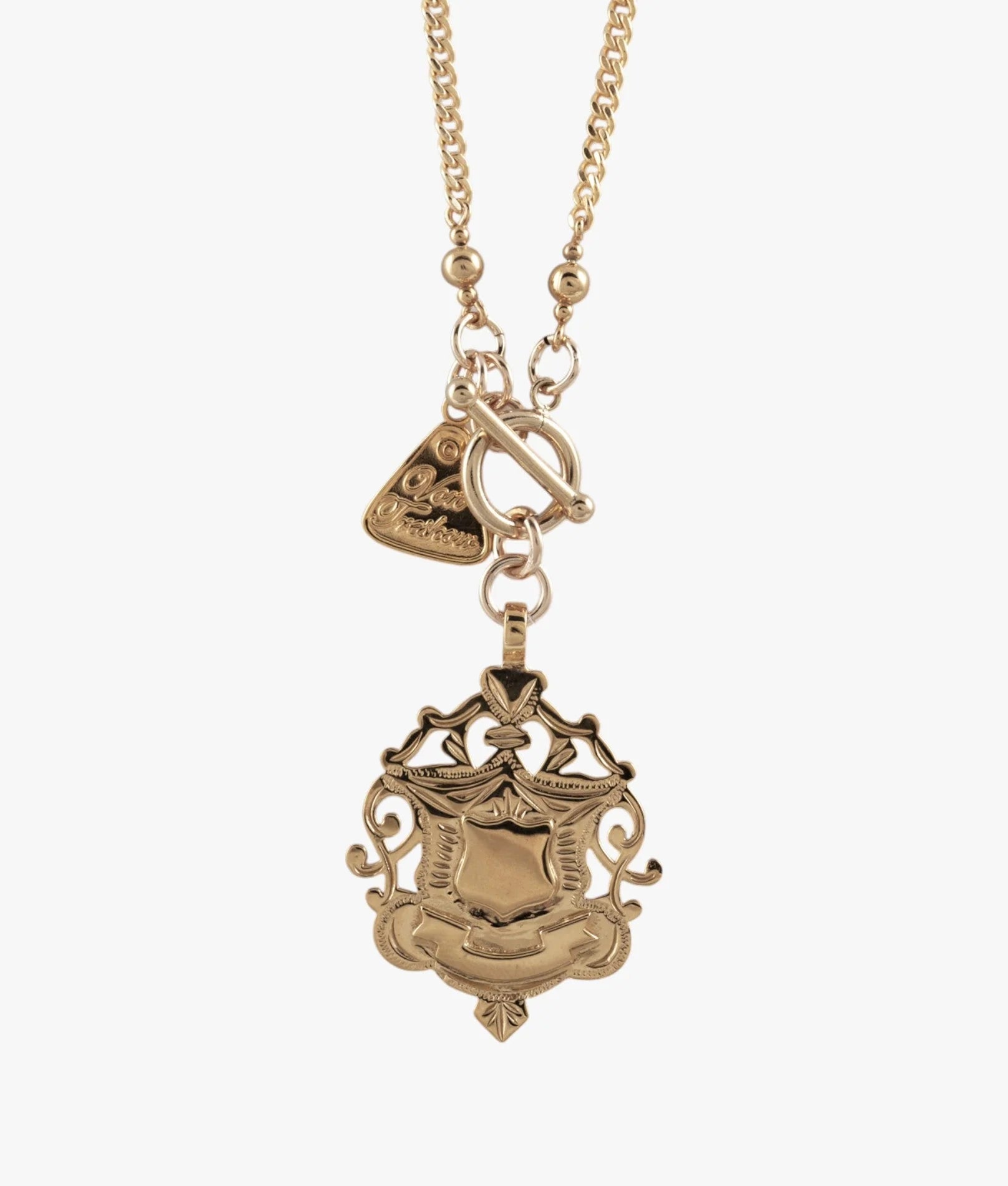 VON TRESKOW CURB CHAIN NECKLACE WITH SHIELD GOLD