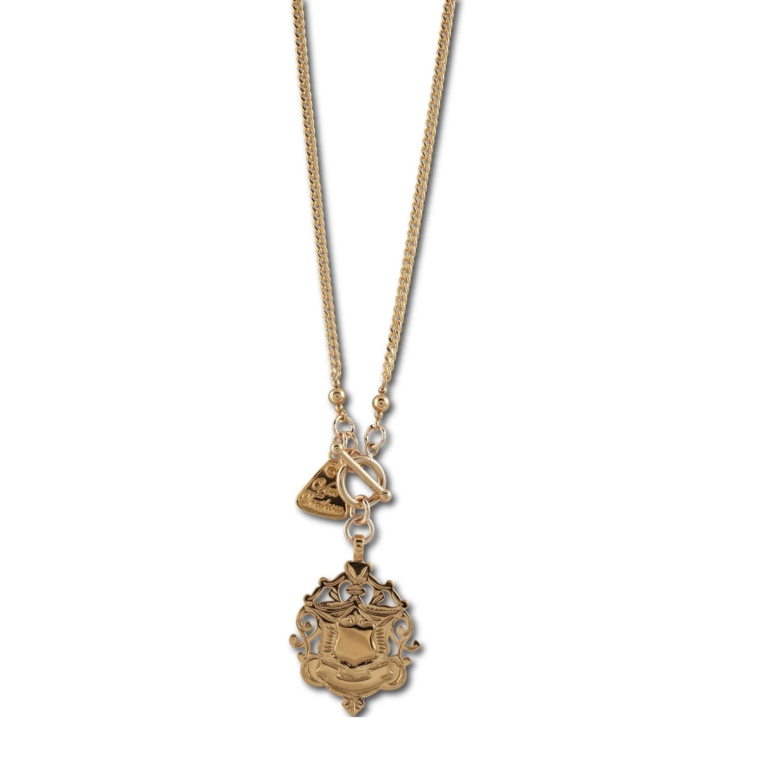 VON TRESKOW CURB CHAIN NECKLACE WITH SHIELD GOLD