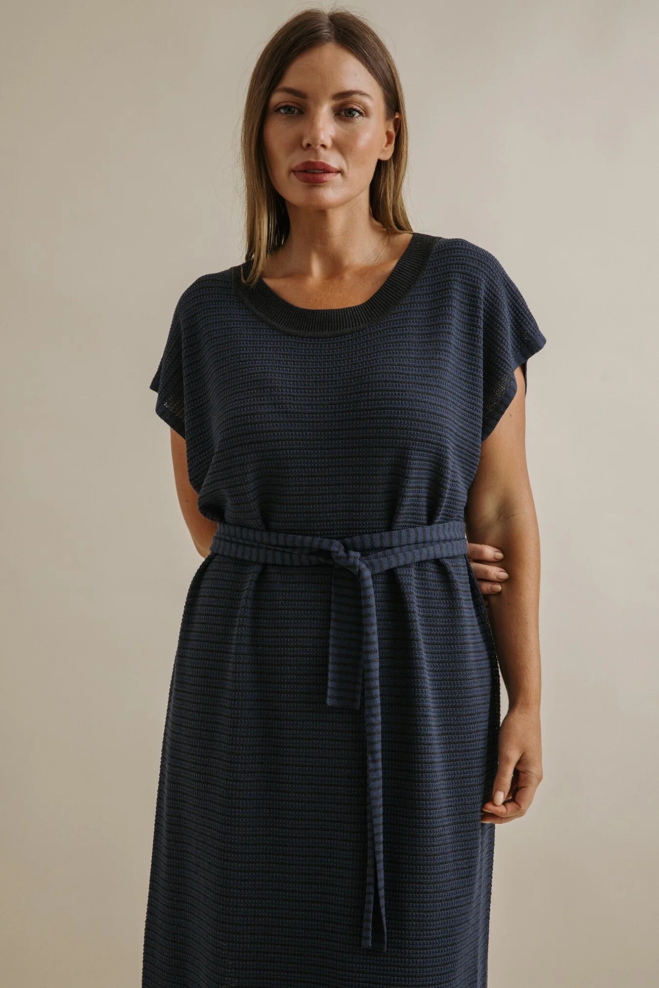 TALAMAYA LATTICE KNITTED DRESS POOL & CHARCOAL