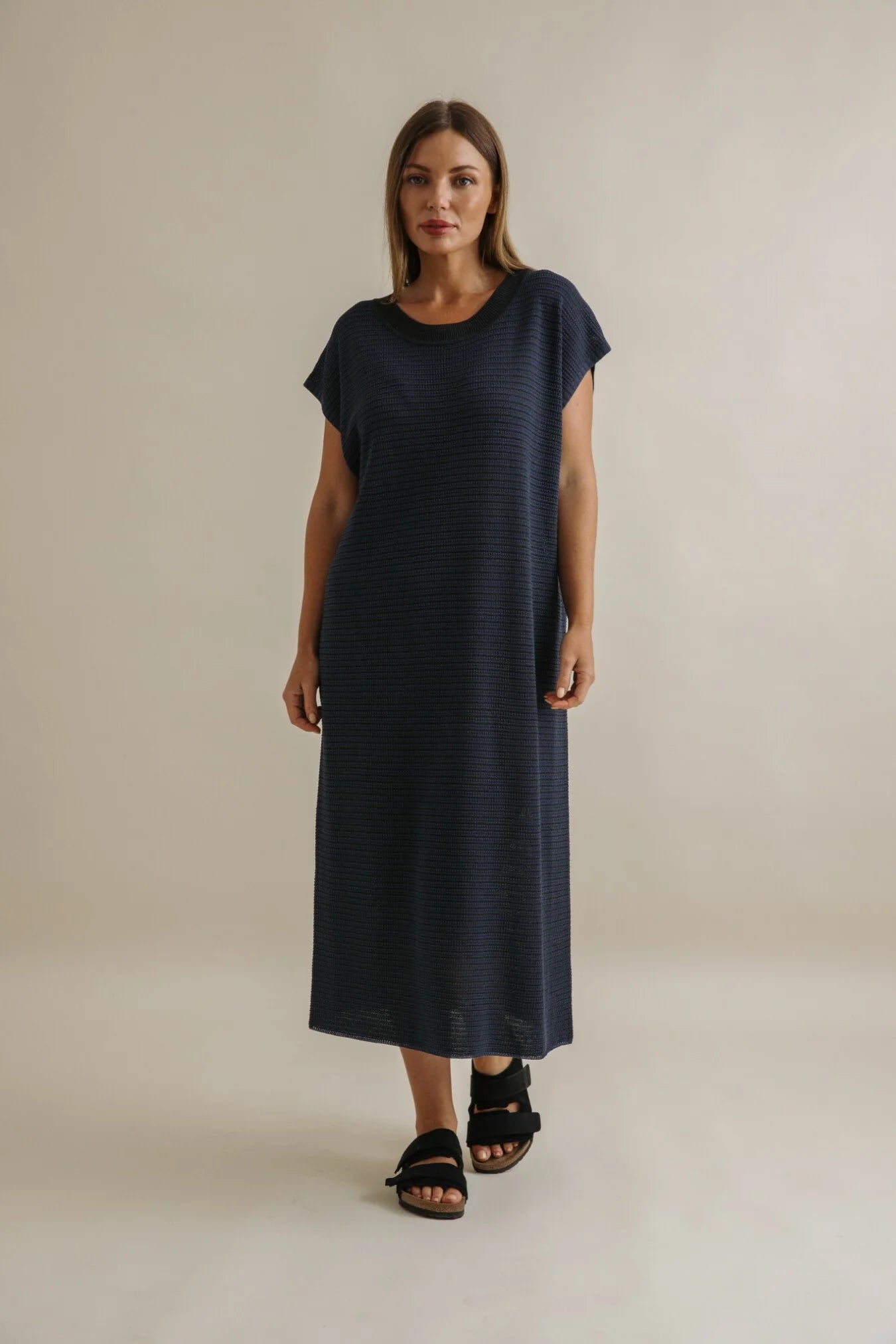 TALAMAYA LATTICE KNITTED DRESS POOL & CHARCOAL