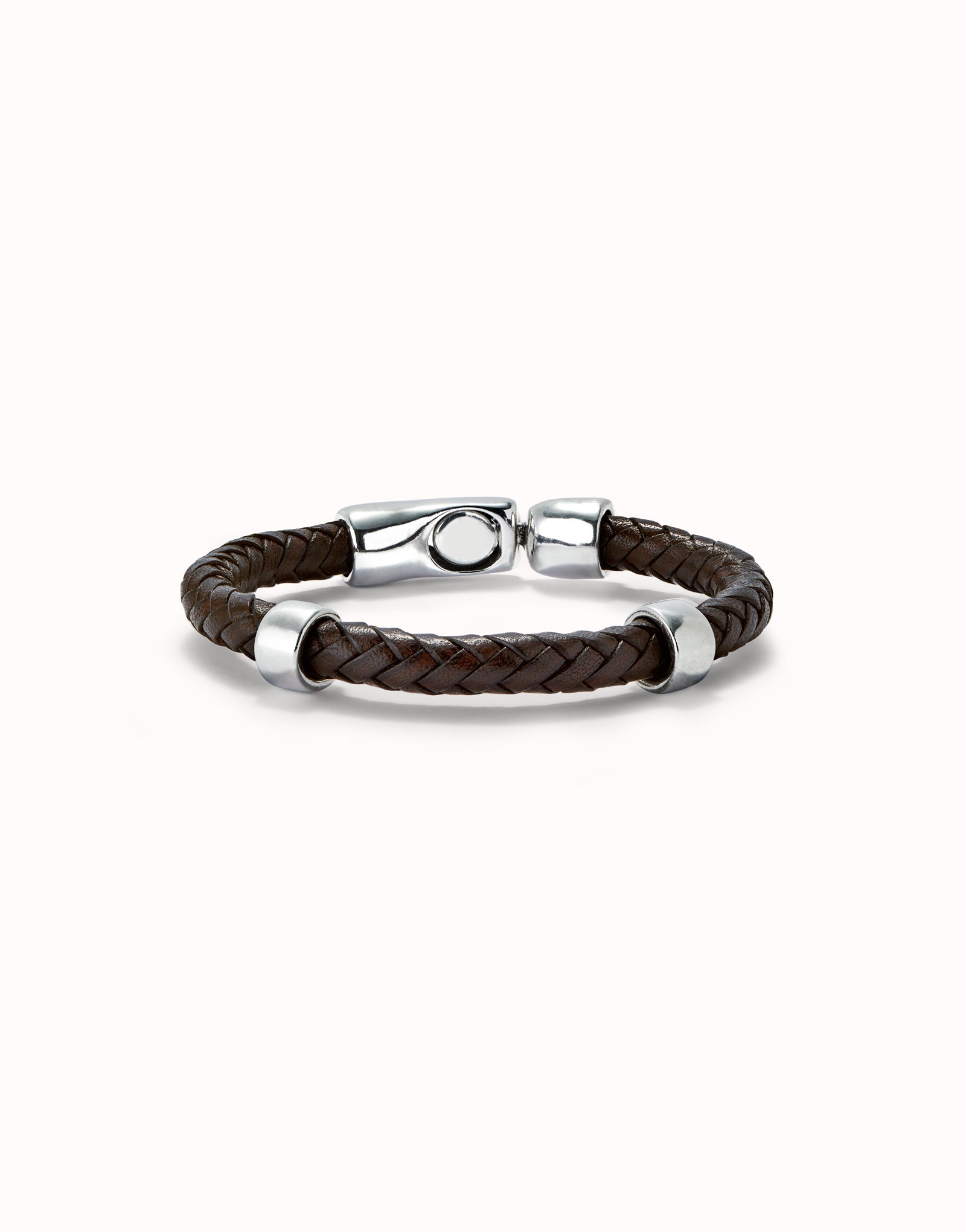 UNOde50 BRAIDED BROWN LEATHER  BRACELET WITH TWO STERLING SILVER PLATED CIRCLES