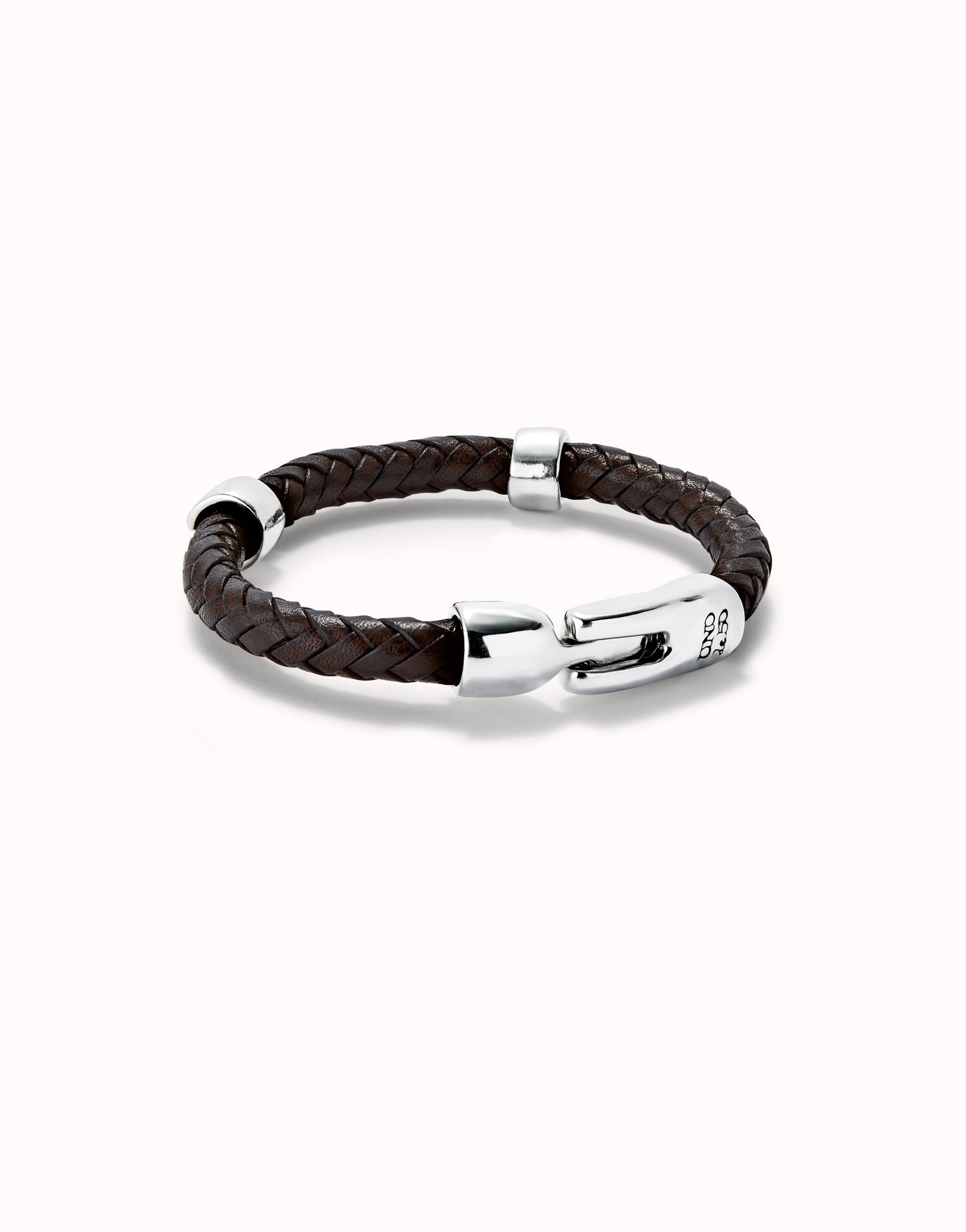 UNOde50 BRAIDED BROWN LEATHER  BRACELET WITH TWO STERLING SILVER PLATED CIRCLES