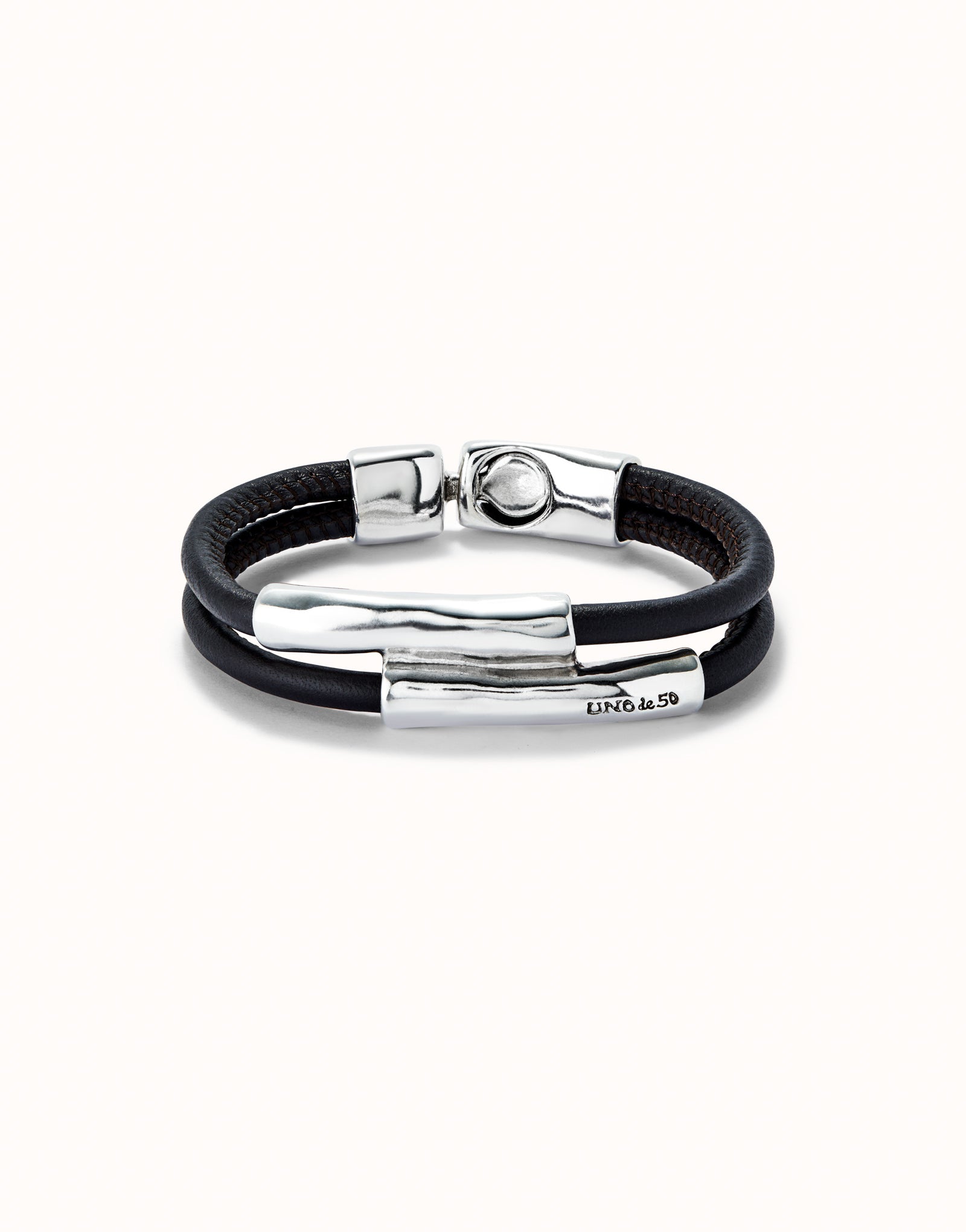 UNOde50 BROWN LEATHER DOUBLE STRAND BRACELET SILVER FEATURE