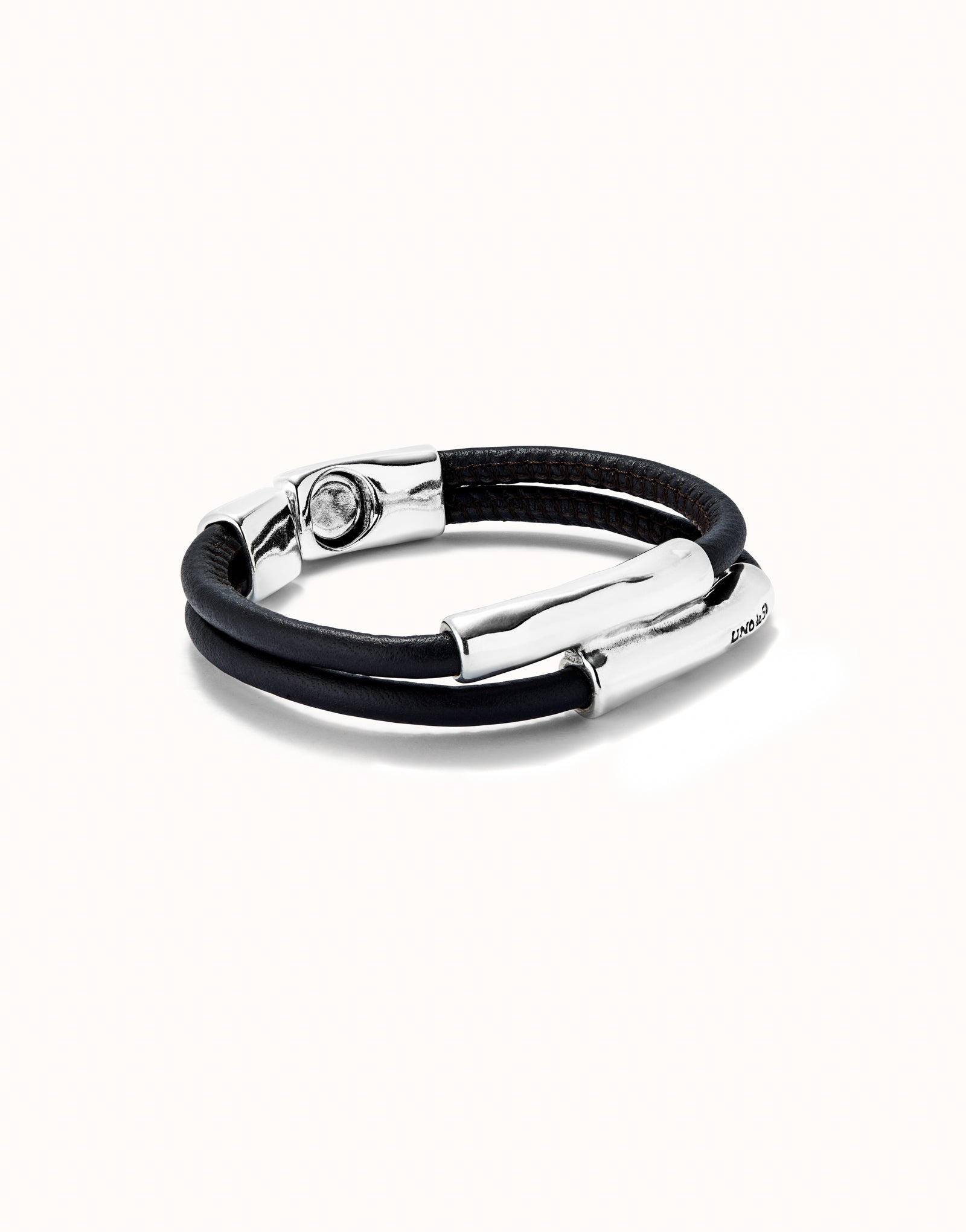 UNOde50 BROWN LEATHER DOUBLE STRAND BRACELET SILVER FEATURE