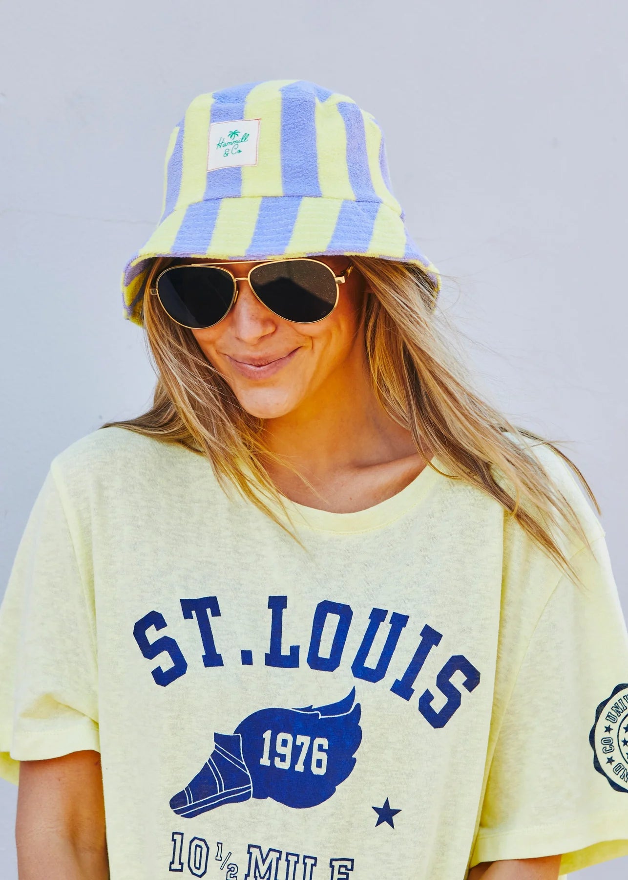 HAMMILL AND CO STRIPE BUCKET HAT MAUVE/LEMON