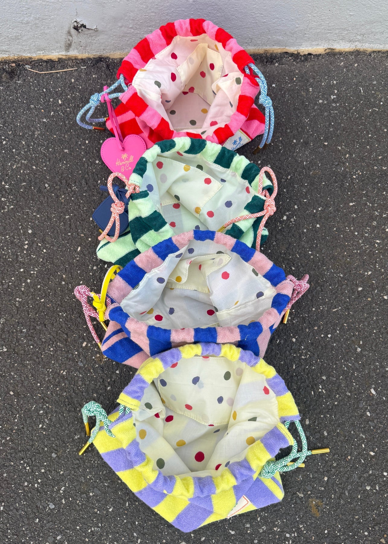 HAMMILL AND CO CARNIVALE STRIPE DRAWCORD BAG MAUVE/LEMON