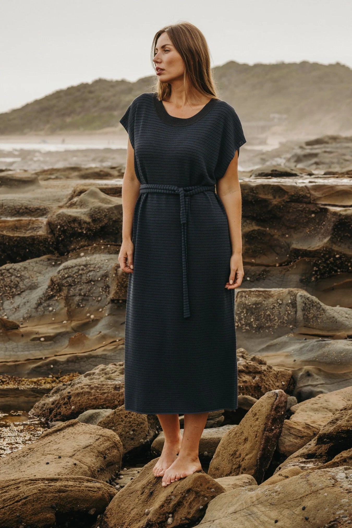 TALAMAYA LATTICE KNITTED DRESS POOL & CHARCOAL