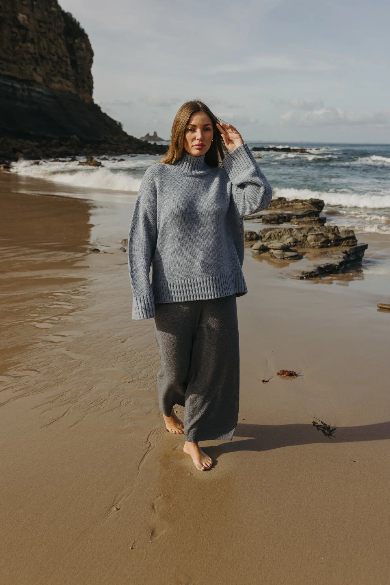 TALAMAYA ELEVATE MOCK MERINO CASHMERE PULLOVER OCEAN