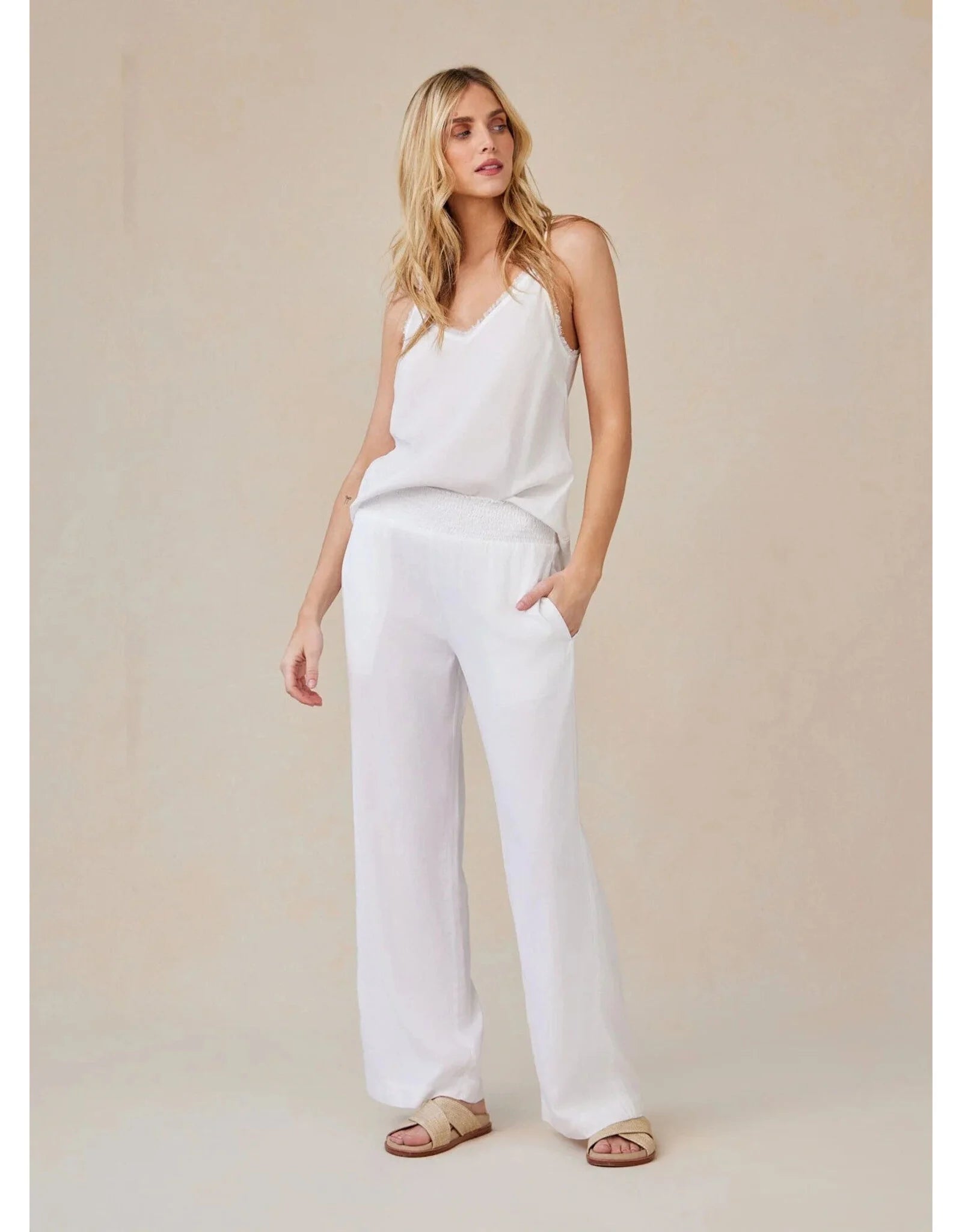 BELLA DAHL SMOCKED WAIST WIDE LEG PANT - WHITE