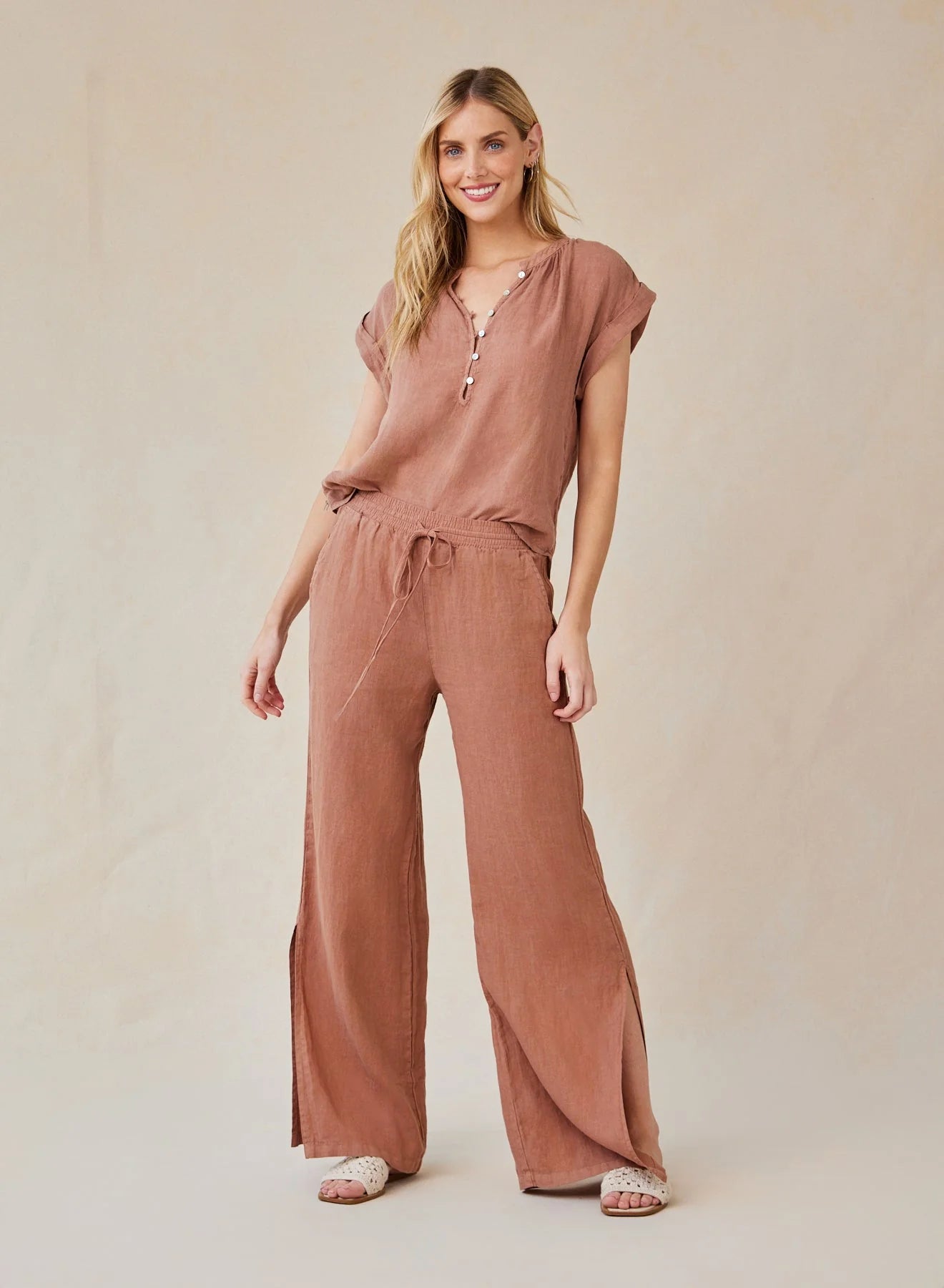 BELLA DAHL WIDE LEG PANTS WITH SIDE SLIT TERRACOTTA